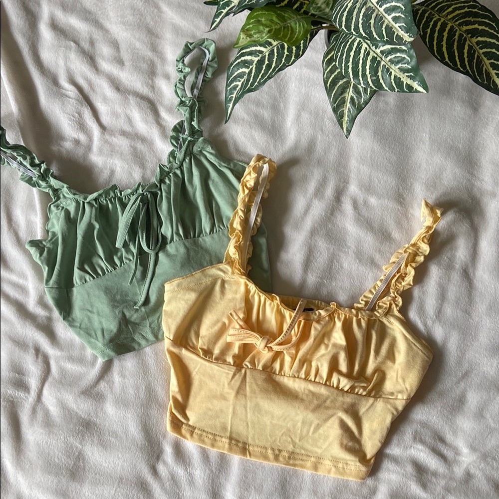 Green and Yellow Ruffle Strap Crop Tops